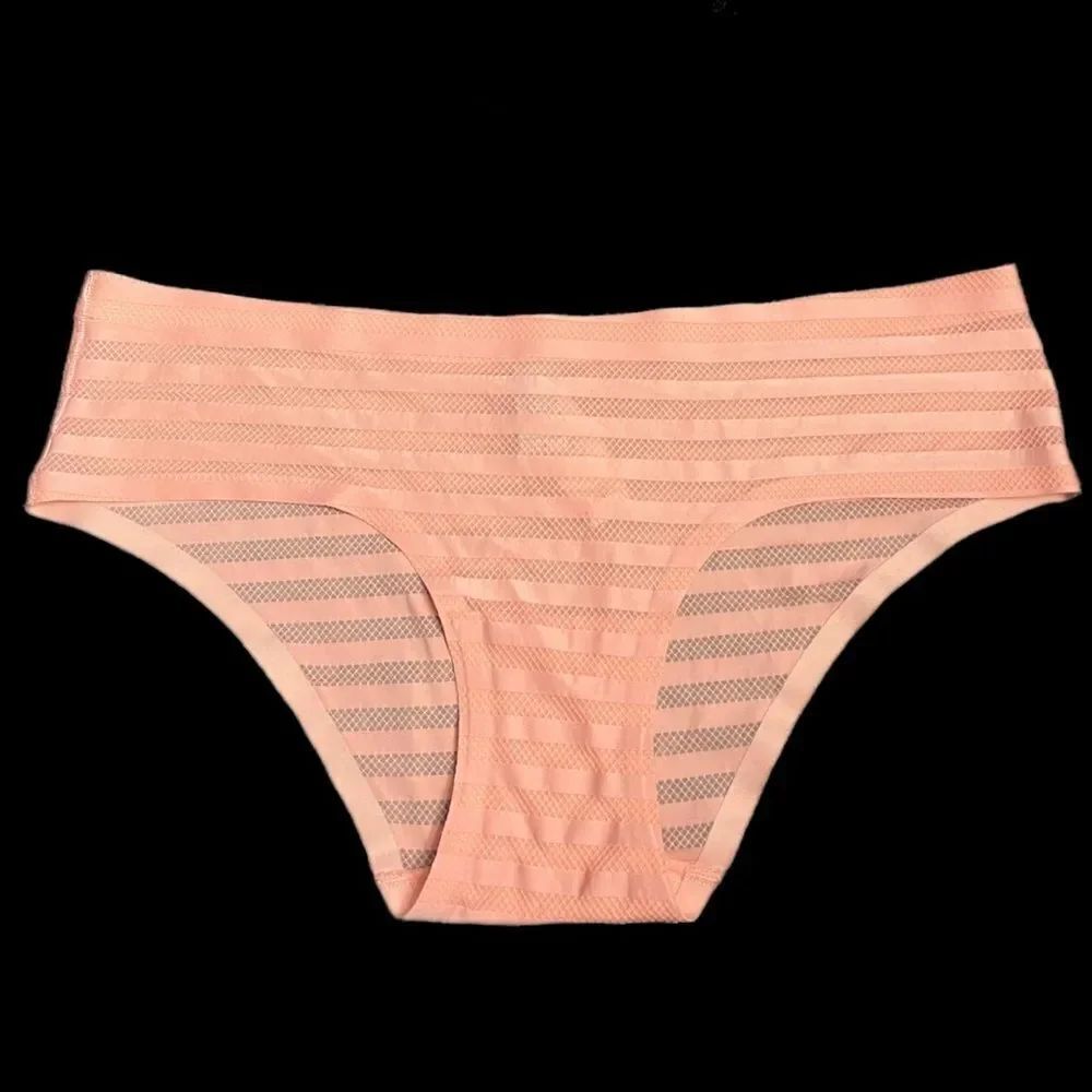 Victorias Secret Discontinued Rare No-Show Sexy Mesh Striped Cheeky Panty Peach